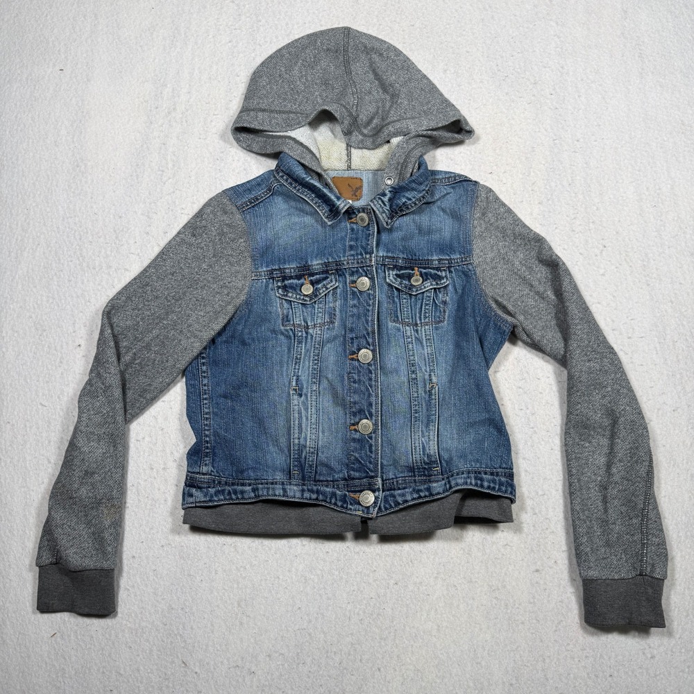 American Eagle Denim Jacket Hooded Mixed Media Trucker Medium Wash Blue Gray XS